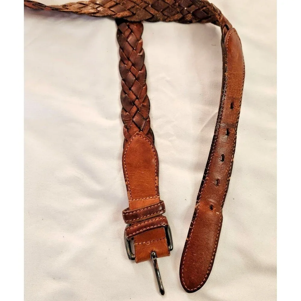 Vintage Coach Belt 36 British Tan Silver Woven Braided Leather Boho Western Slim